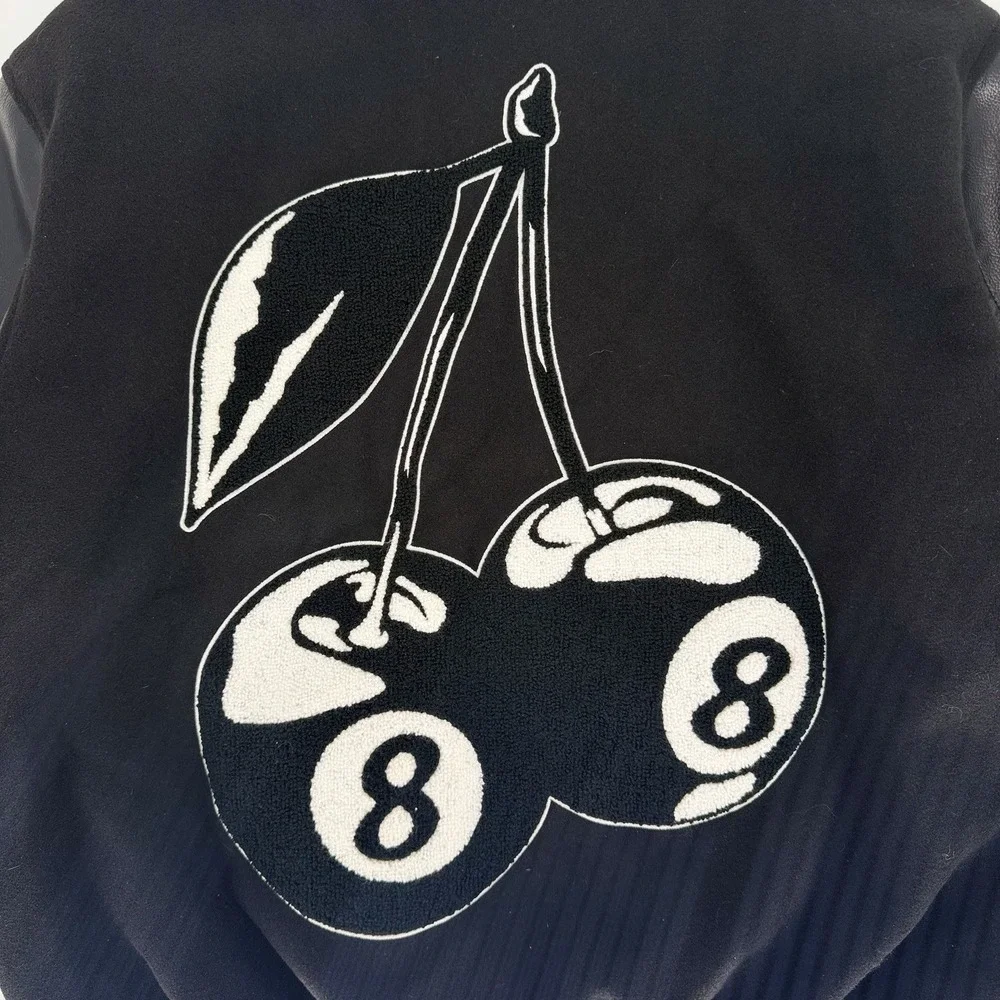 PacSun Varsity Jacket Small Black Faux Leather Cherry 8 Ball Bomber Coat S
